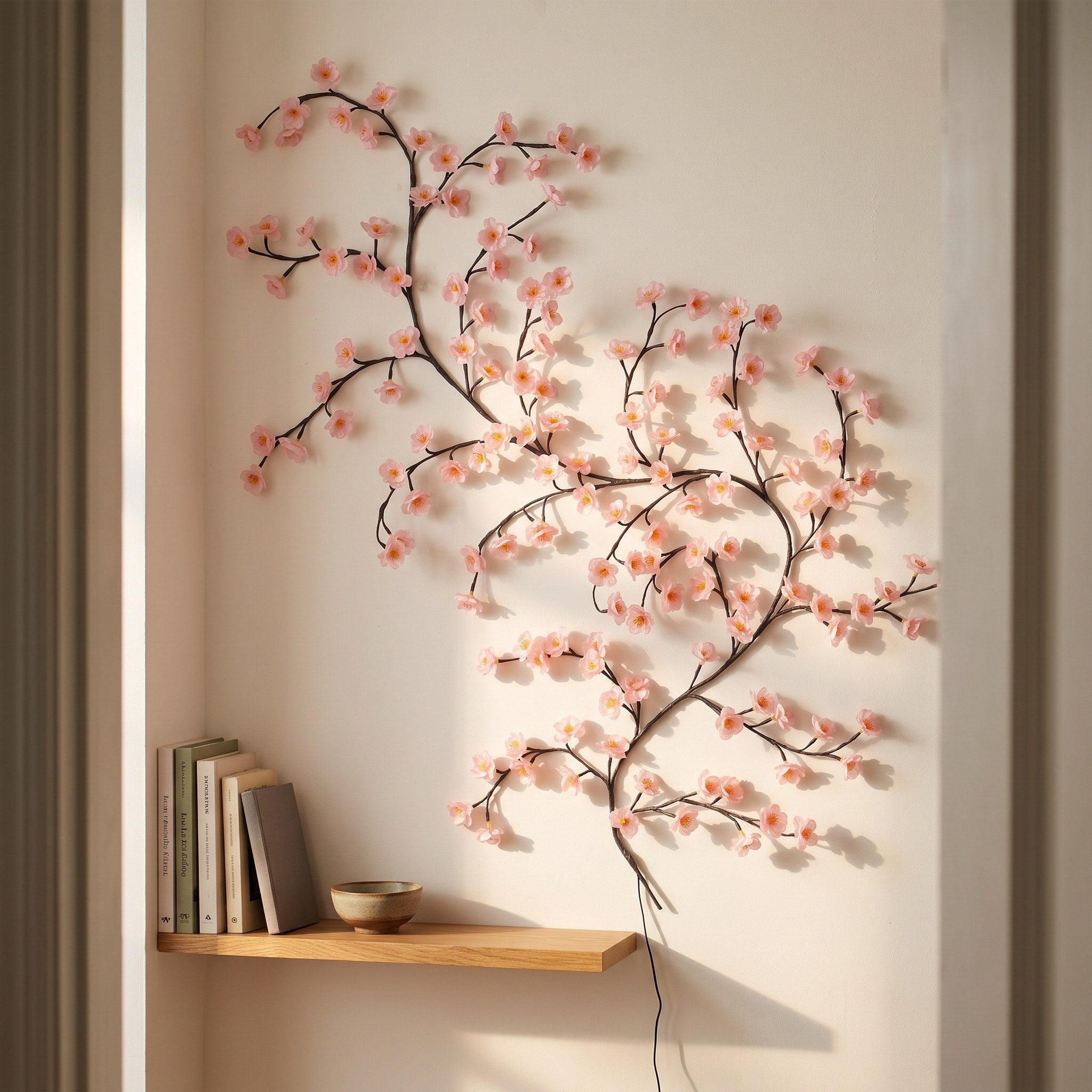 Unlit pink blossom vine beside a shelf in daylight