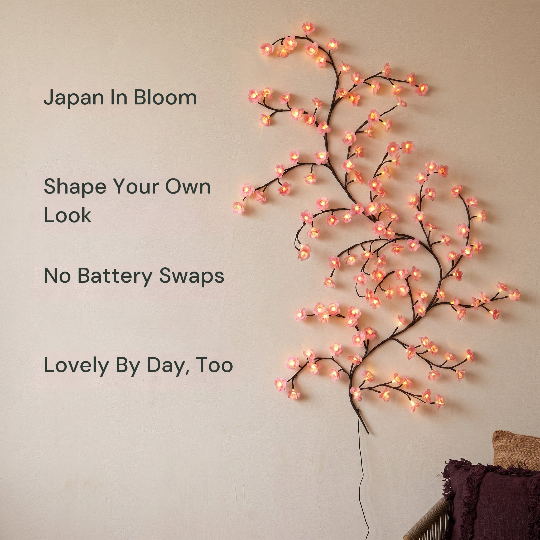 Pink blossom vine with four clear benefit callouts