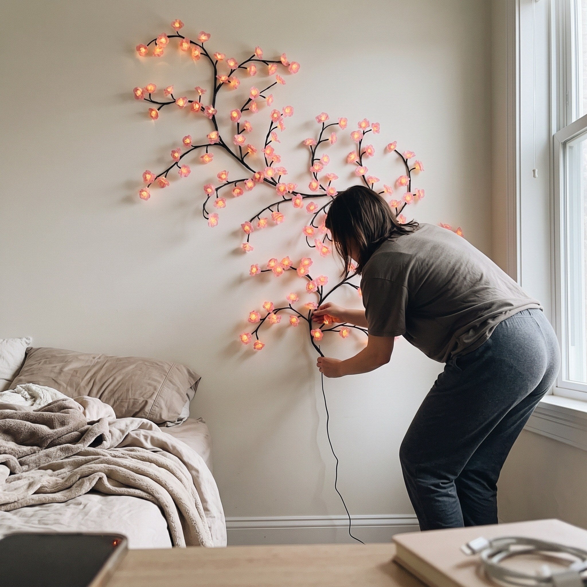 Hands arranging the tip of a pink blossom vine on a wall