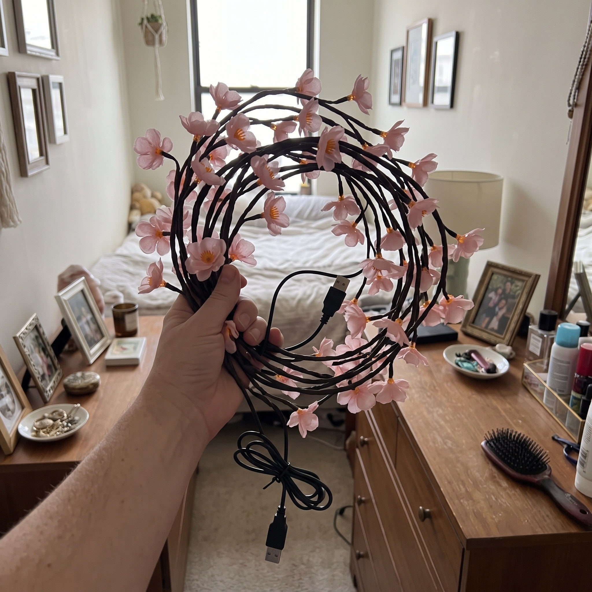 Person carrying a coiled pink blossom vine to a dresser
