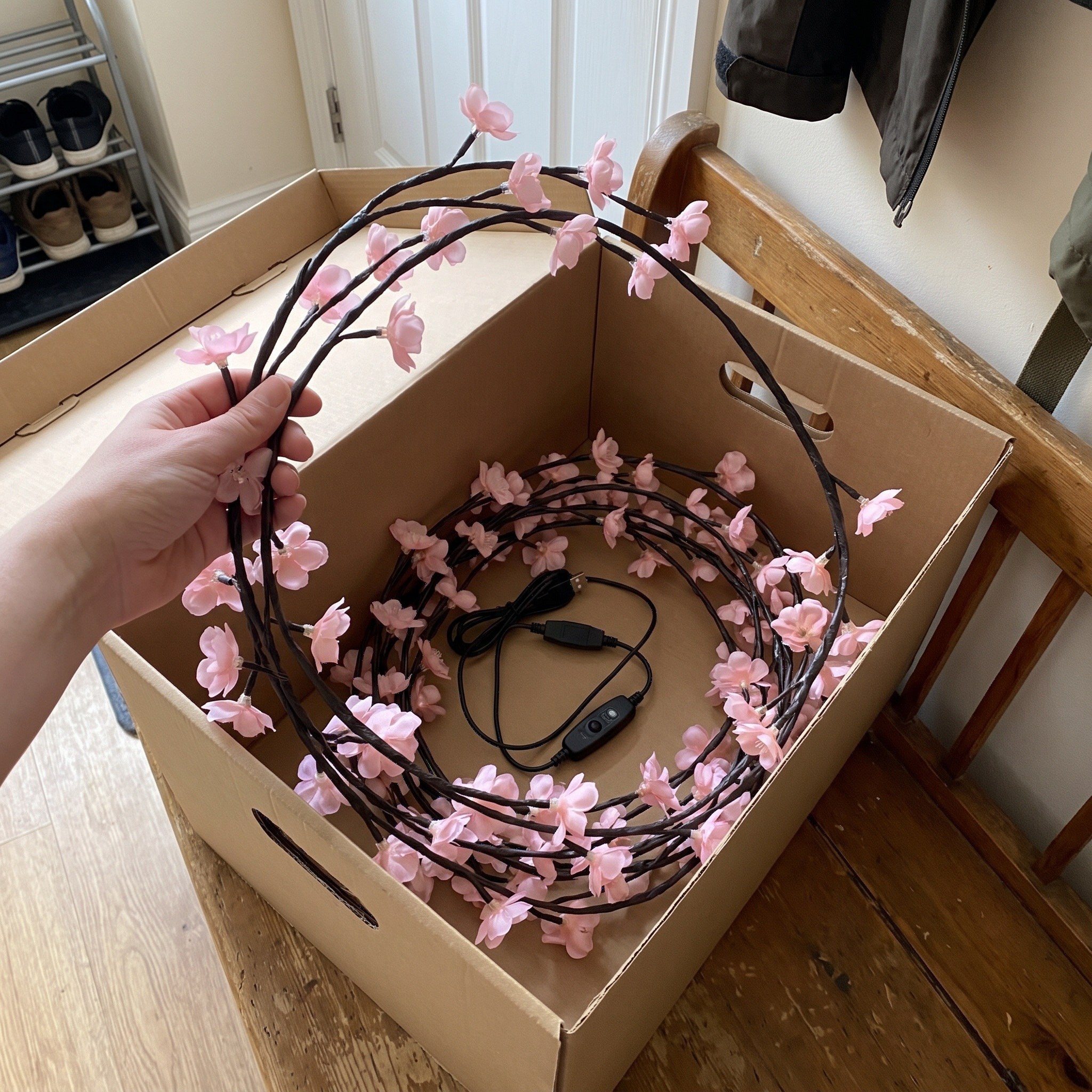 Coiled pink blossom vine in a storage box