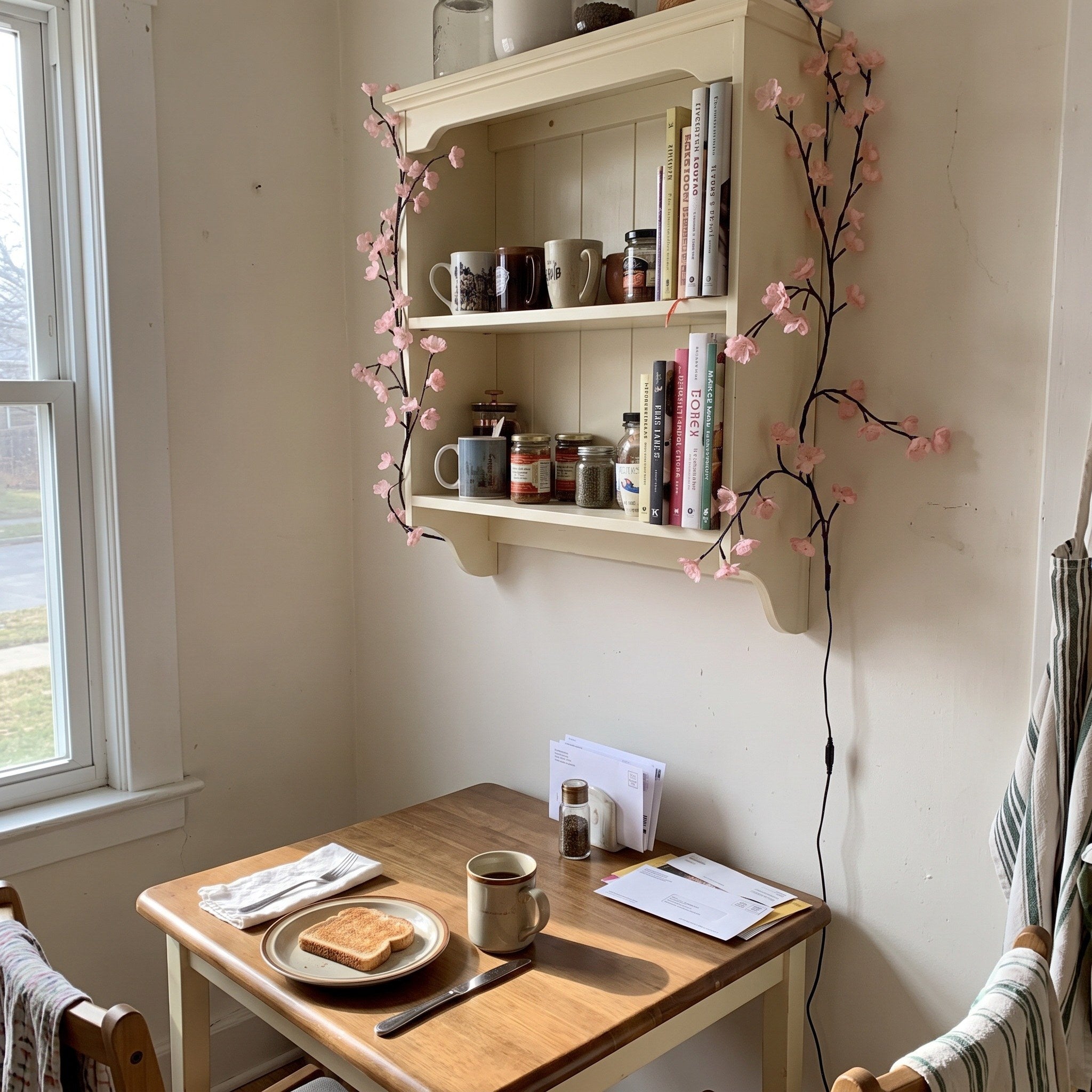 Unlit pink blossom vine in a kitchen nook in daylight