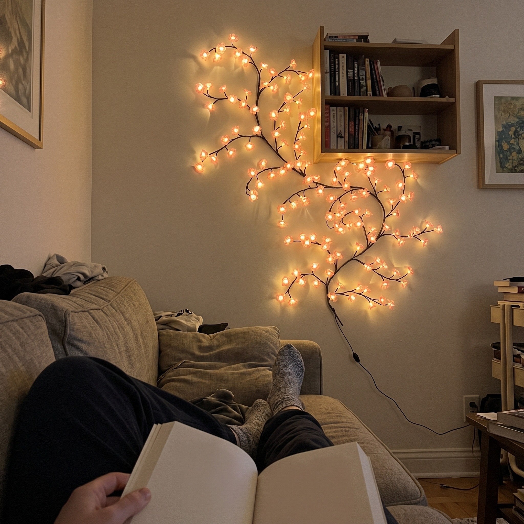 A book seen from a sofa with pink blossom vine lights on the wall